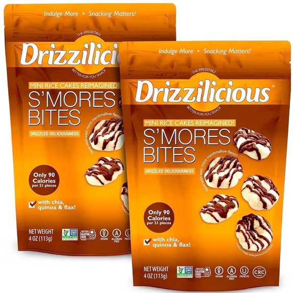 Drizzilicious Mini Rice Cakes, S'mores Flavored Rice Cake Gluten Free Snacks, Rice Crisps 2-Pack